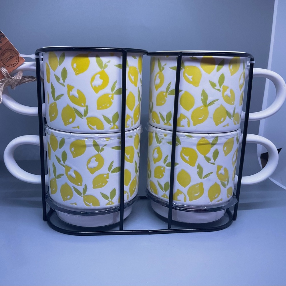Market Finds Mug Set of 4 With Stand 12 Ounces Lemons NWT